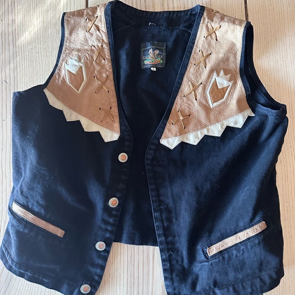 Sap Man vintage  Western Denim and vegan leather Vest in black and tan - Size M